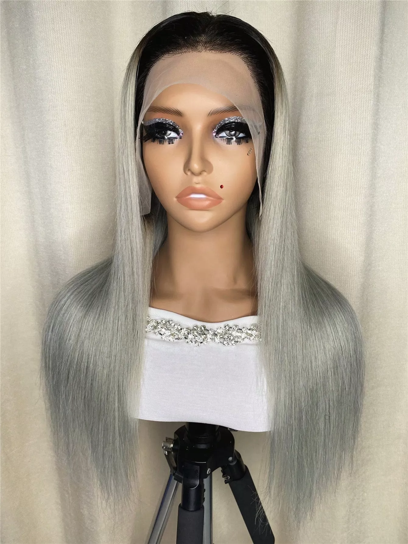 13 X 4 Gray Ombre Lace Front Medium Straight Human Hair Wig