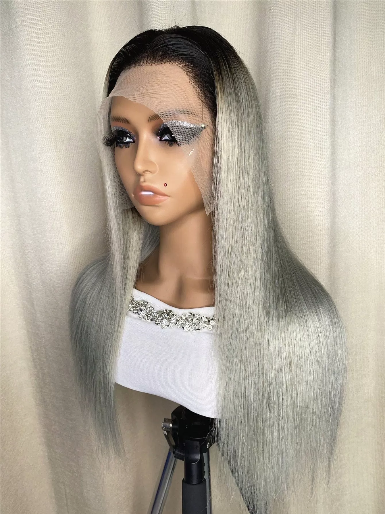 13 X 4 Gray Ombre Lace Front Medium Straight Human Hair Wig