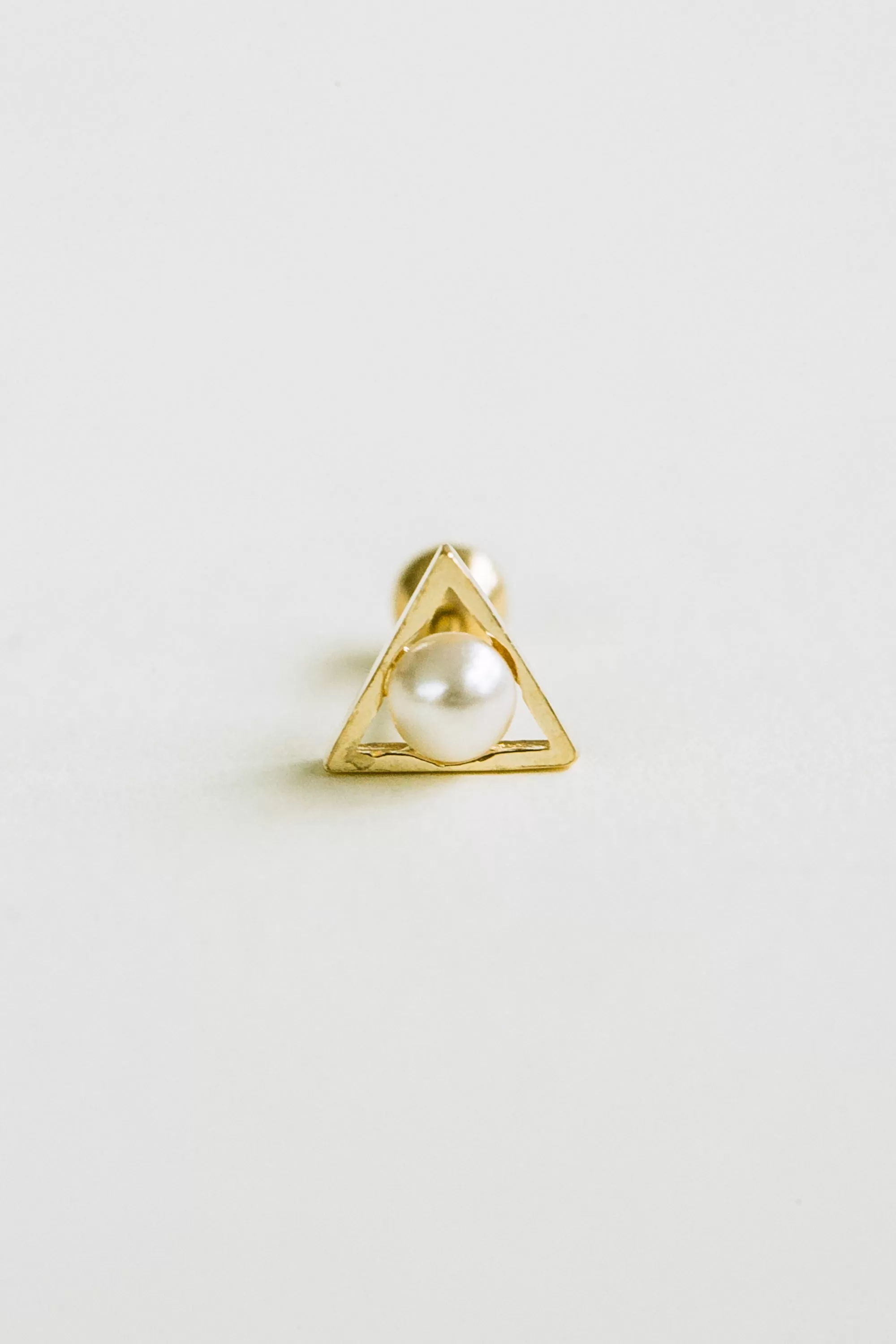 14k Gold Triangle Simulated Pearl  Barbell Ear Stud Piercing