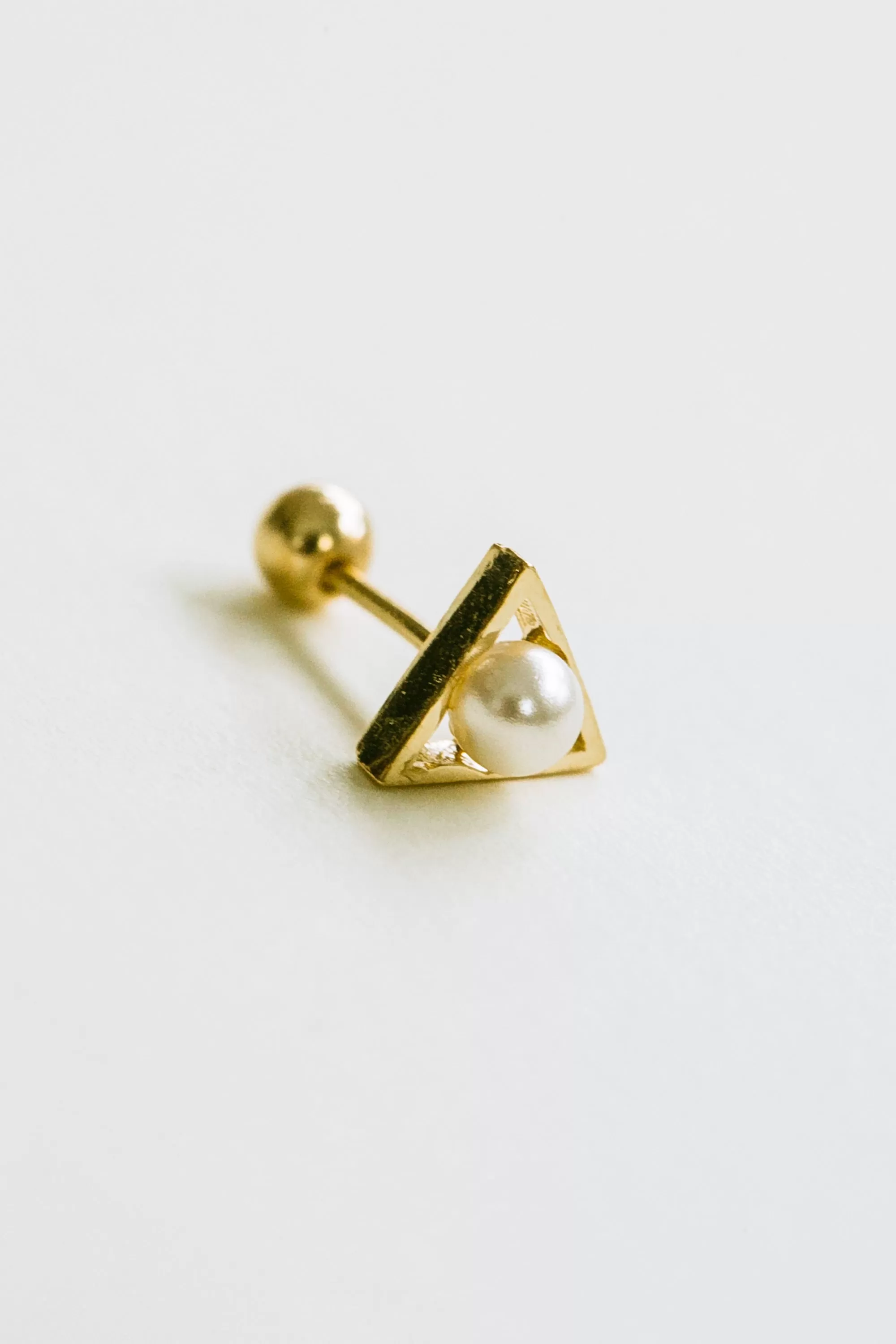 14k Gold Triangle Simulated Pearl  Barbell Ear Stud Piercing