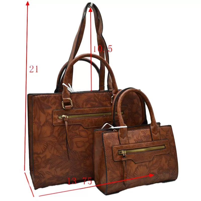 2 In 1 Faux Leather Flower Detailed Tote Shoulder Bag Set