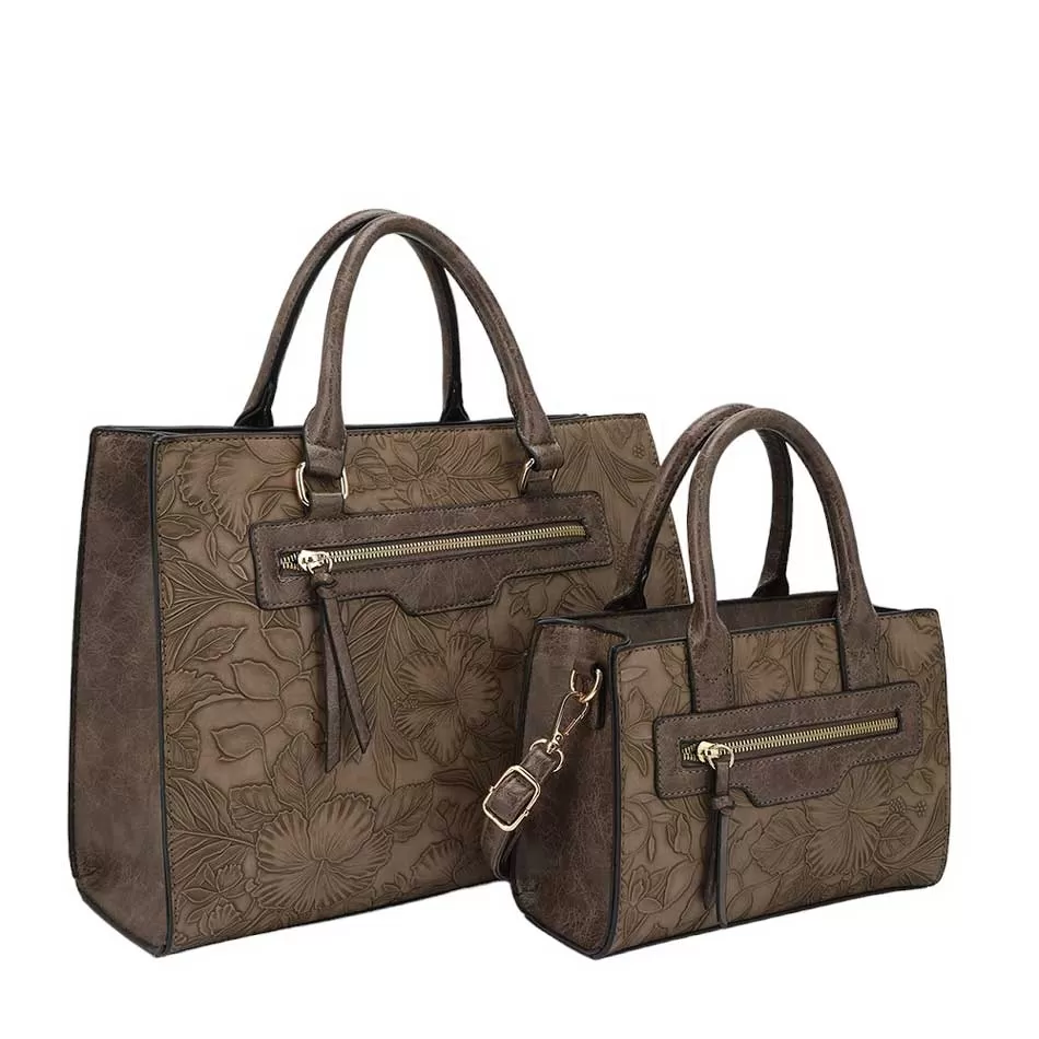 2 In 1 Faux Leather Flower Detailed Tote Shoulder Bag Set