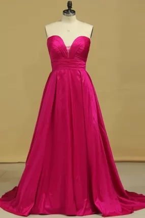 2024 Plus Size A Line Prom Dresses Sweetheart Fuchsia Sweep/Brush Taffeta Zipper PA413Q37