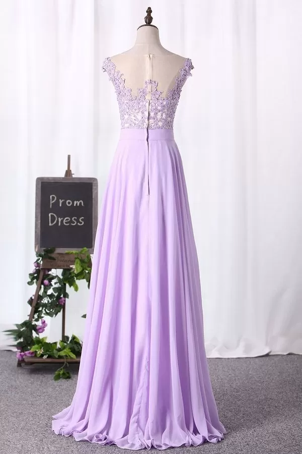 2024 Scoop Cap Sleeves Prom Dresses Chiffon With Applique P8FRGNCK