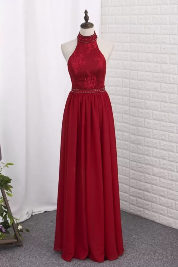 2024 Sheath Halter Lace & Chiffon Prom Dresses PBC4EYAZ