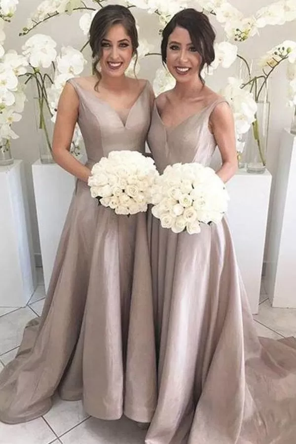 2024 V Neck Bridesmaid Dresses A Line Satin Sweep Train P6DLHSKN