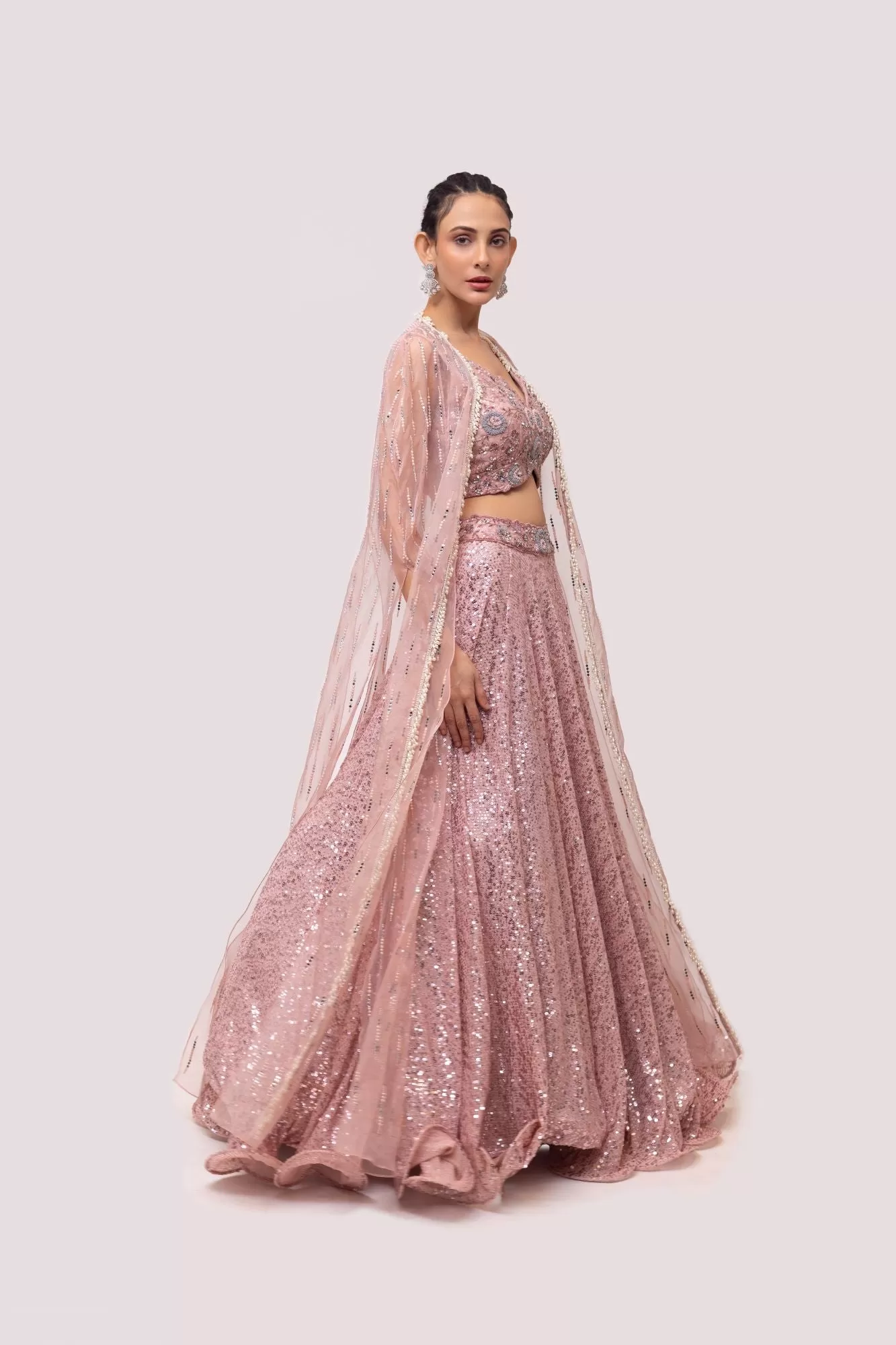 30Z308-RO Light Pink Embroidered Organza Lehenga Set