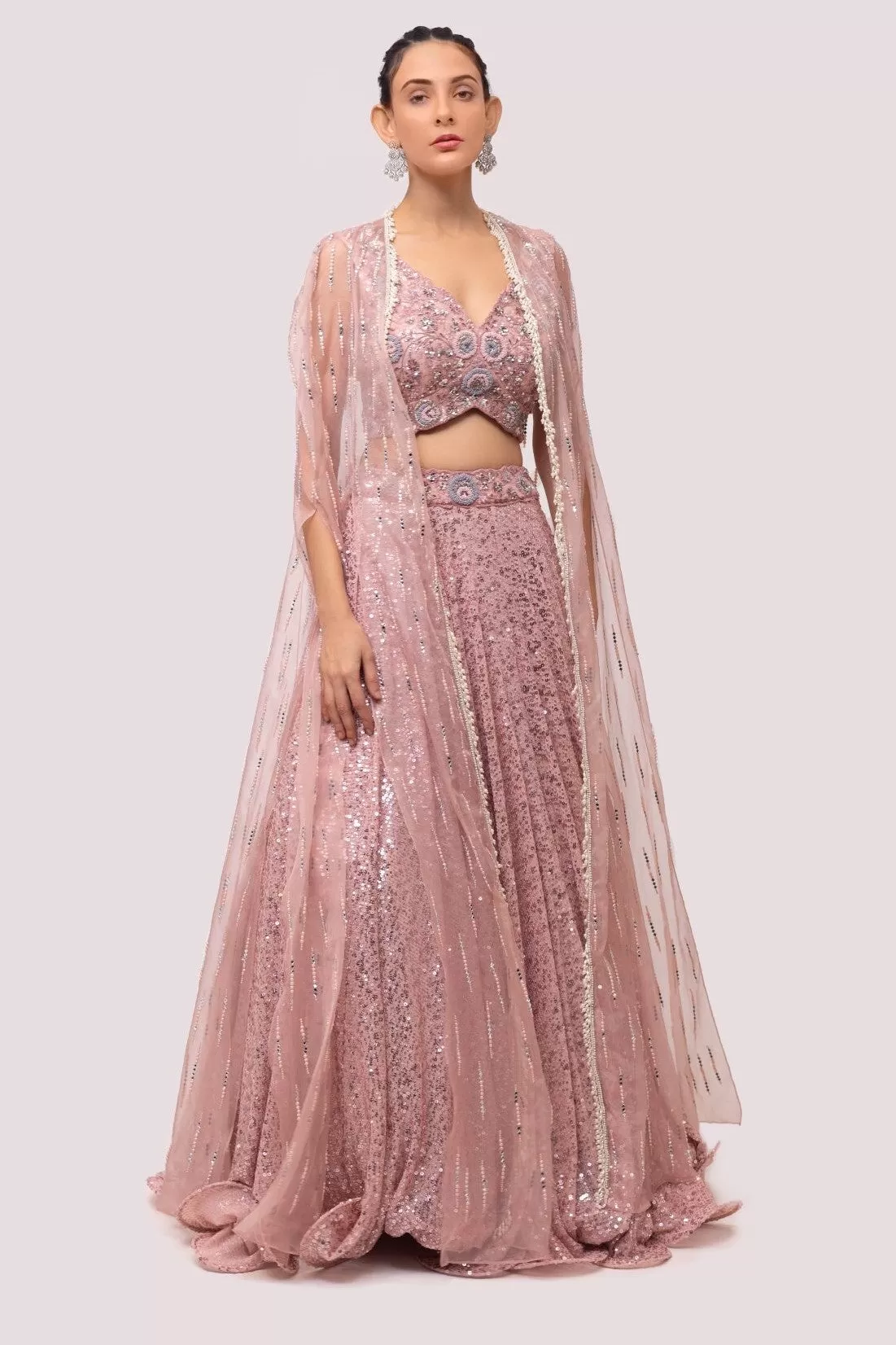 30Z308-RO Light Pink Embroidered Organza Lehenga Set