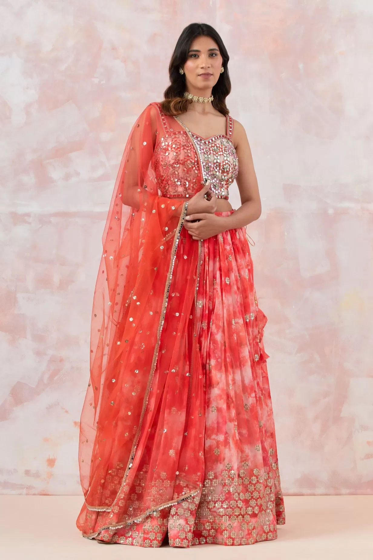 30Z312-RO Pink Tie dye Georgette Lehenga Set With Mirror Work