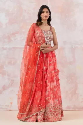 30Z312-RO Pink Tie dye Georgette Lehenga Set With Mirror Work