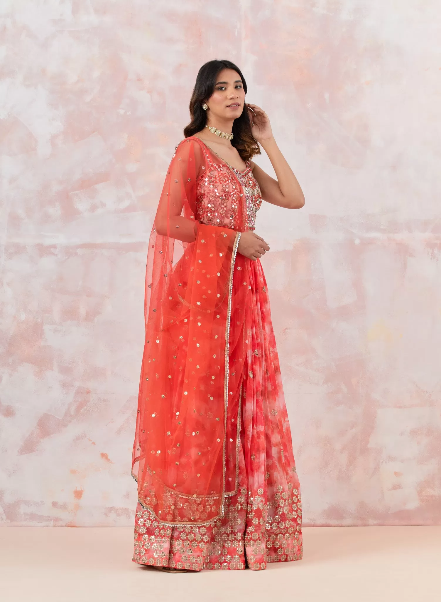 30Z312-RO Pink Tie dye Georgette Lehenga Set With Mirror Work