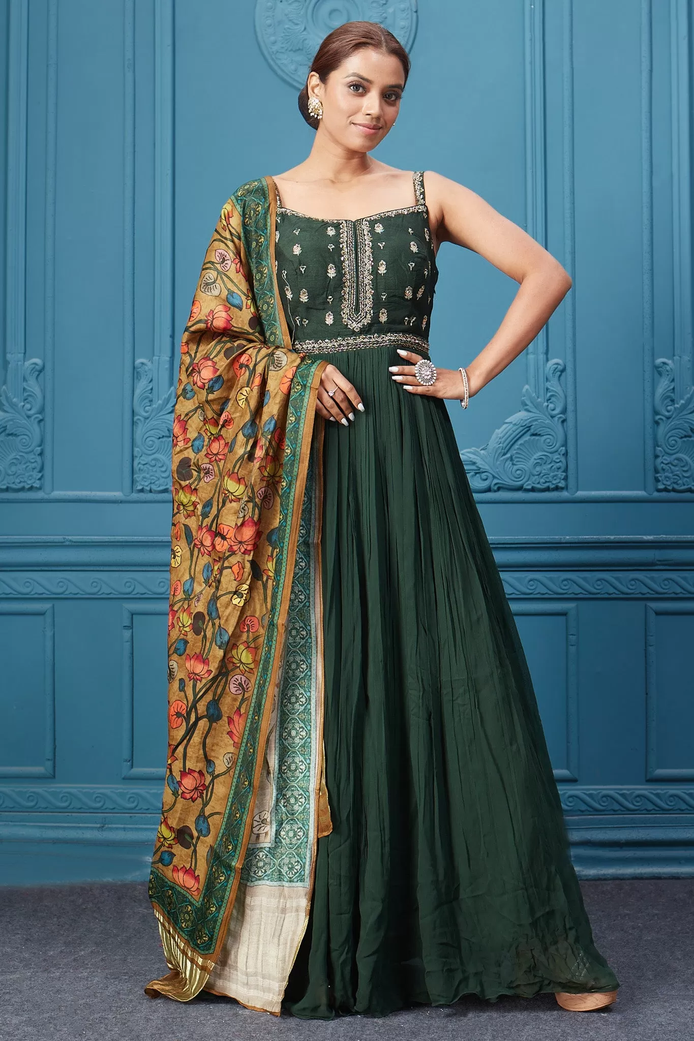 510043 Dark Green Anarkali Suit Set With Floral Dupatta