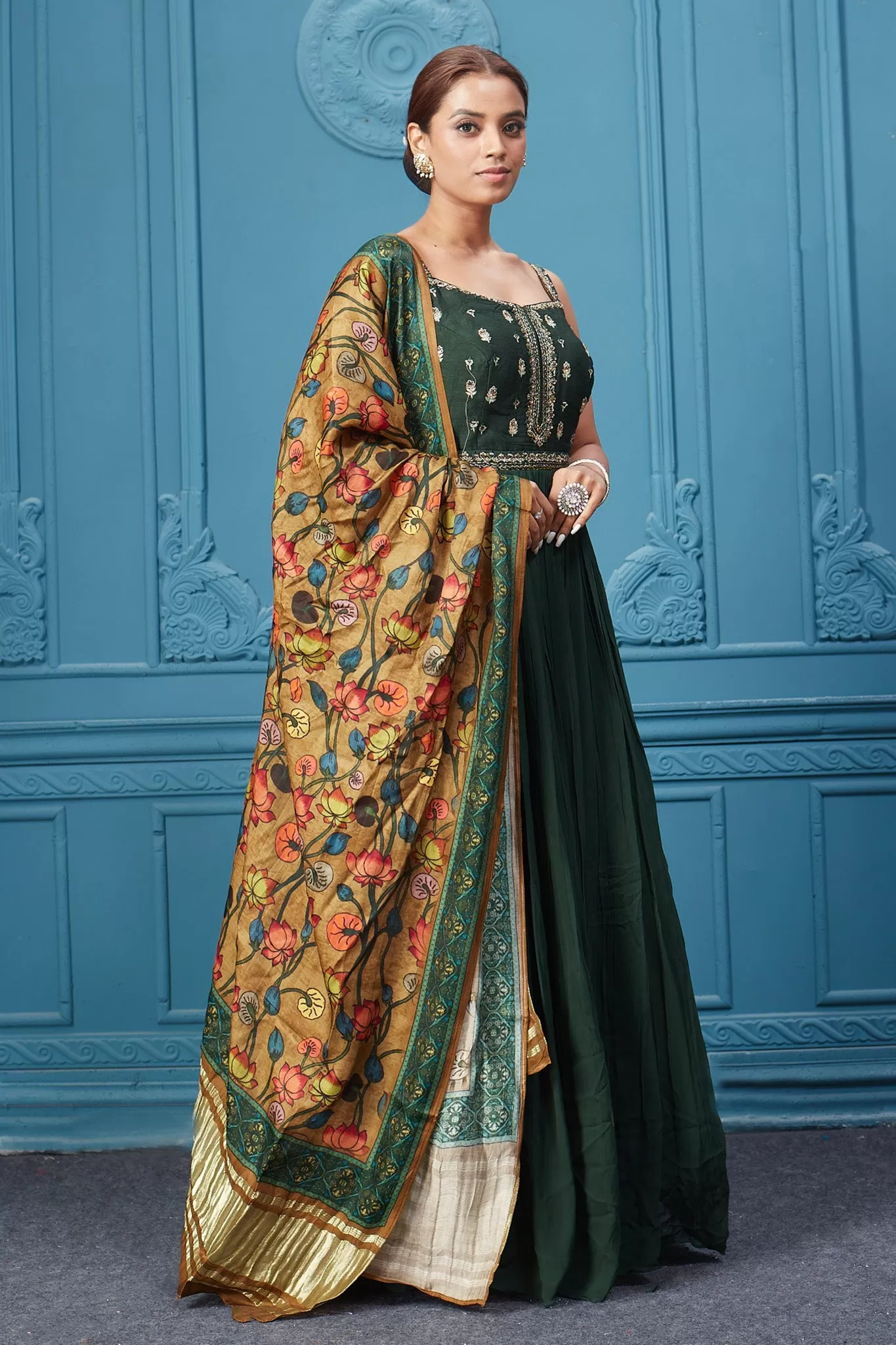 510043 Dark Green Anarkali Suit Set With Floral Dupatta