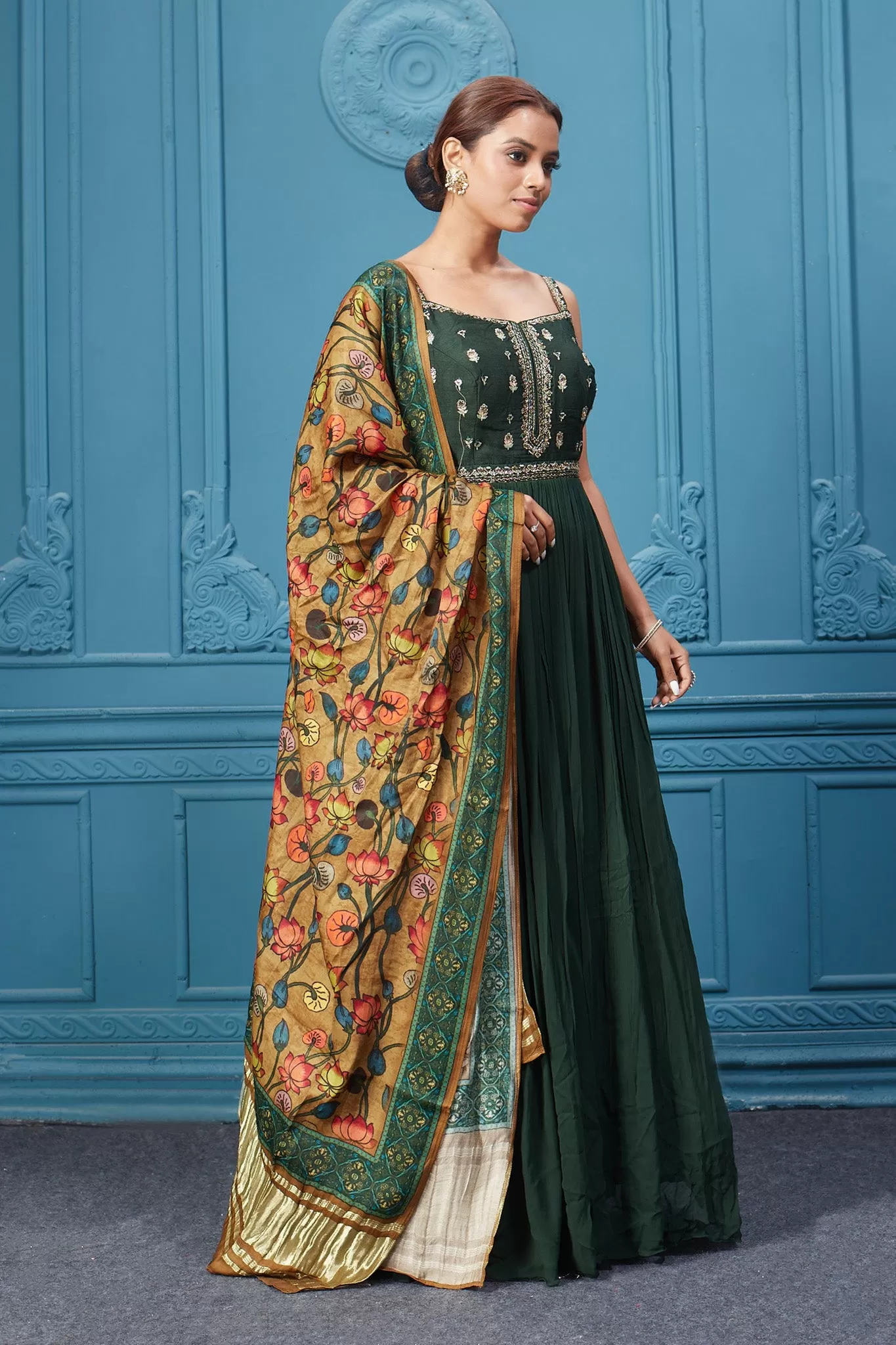 510043 Dark Green Anarkali Suit Set With Floral Dupatta