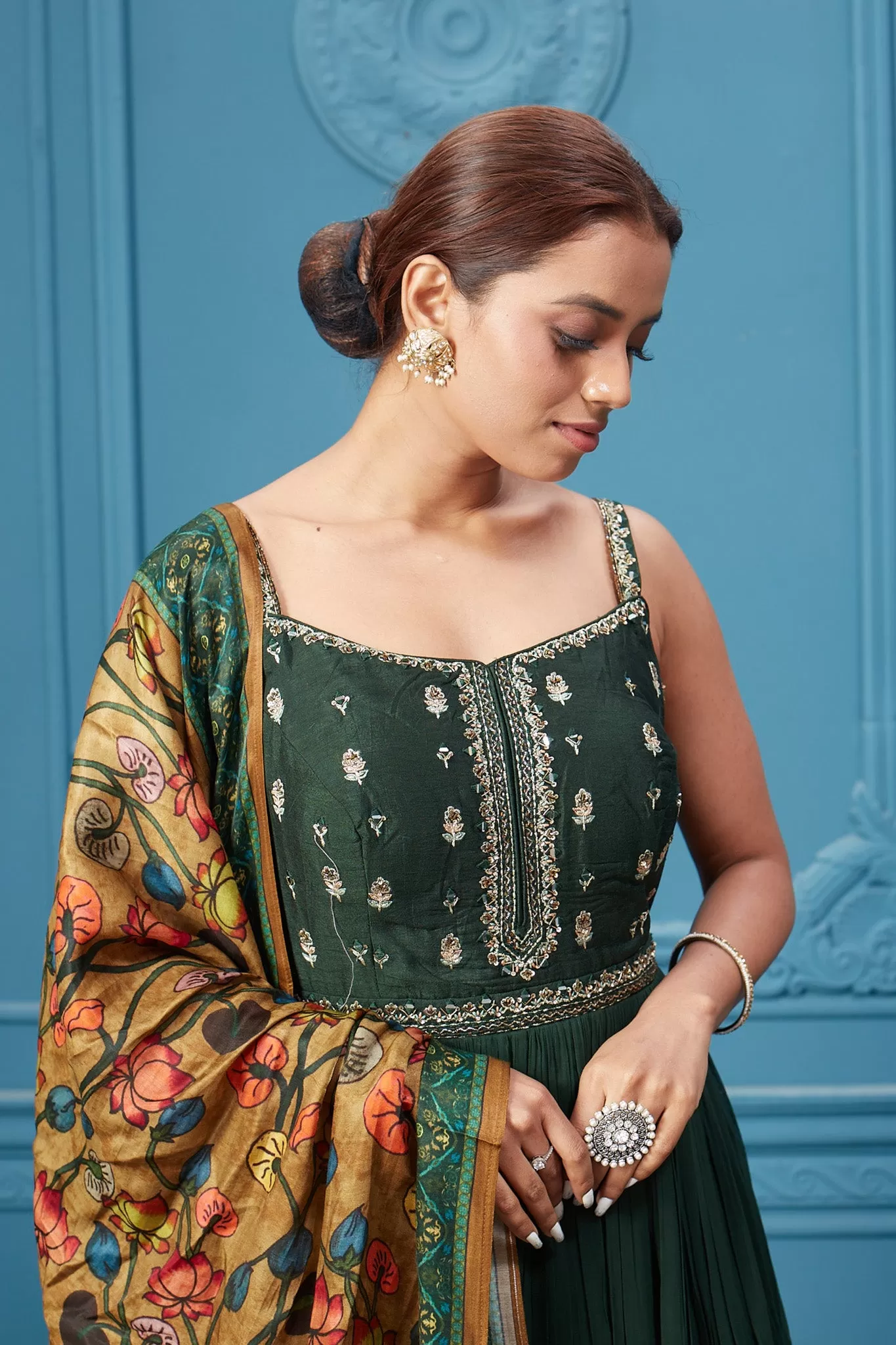 510043 Dark Green Anarkali Suit Set With Floral Dupatta