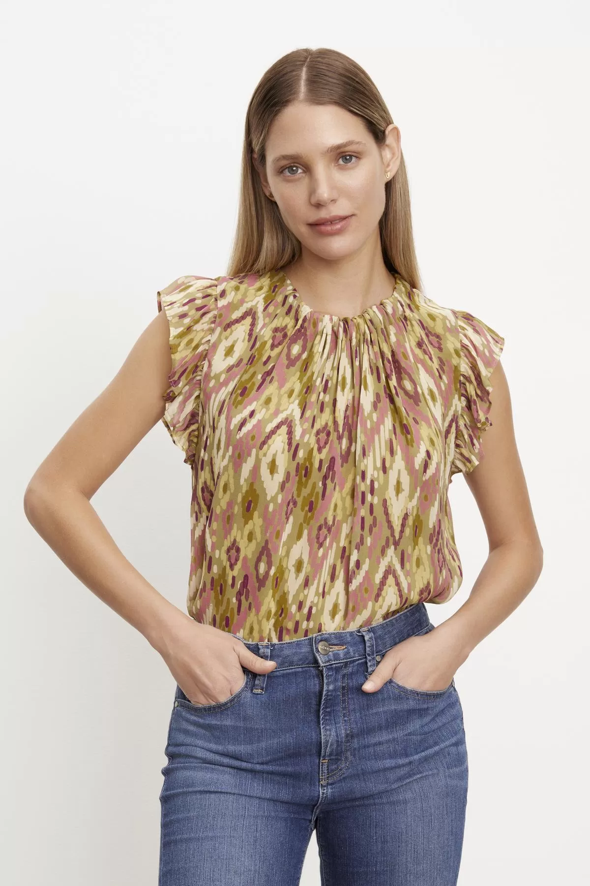 ADARA PRINTED FLUTTER SLEEVE TOP