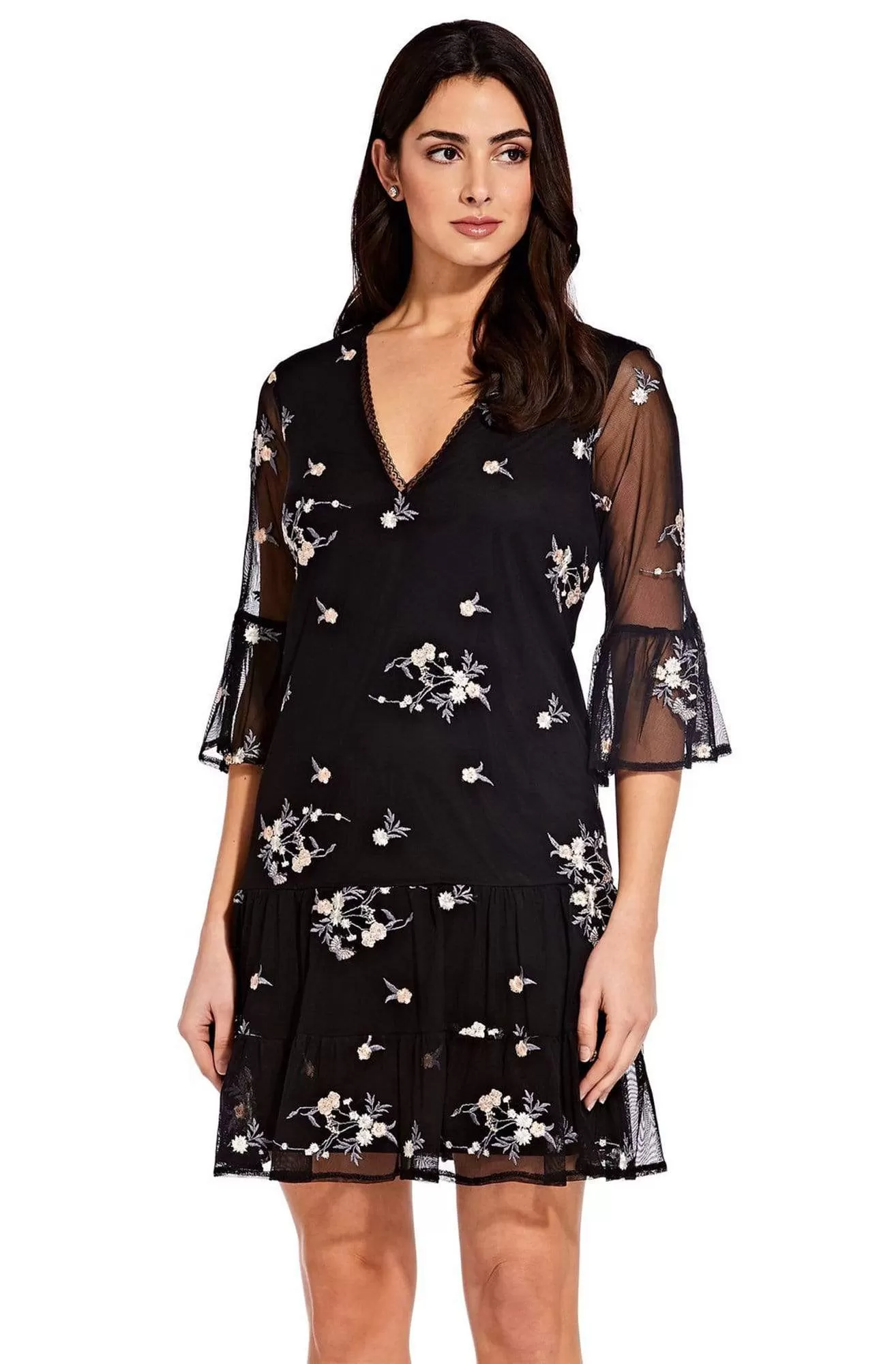 Adrianna Papell - AP1D103148 Floral Embroidered V-neck A-line Dress