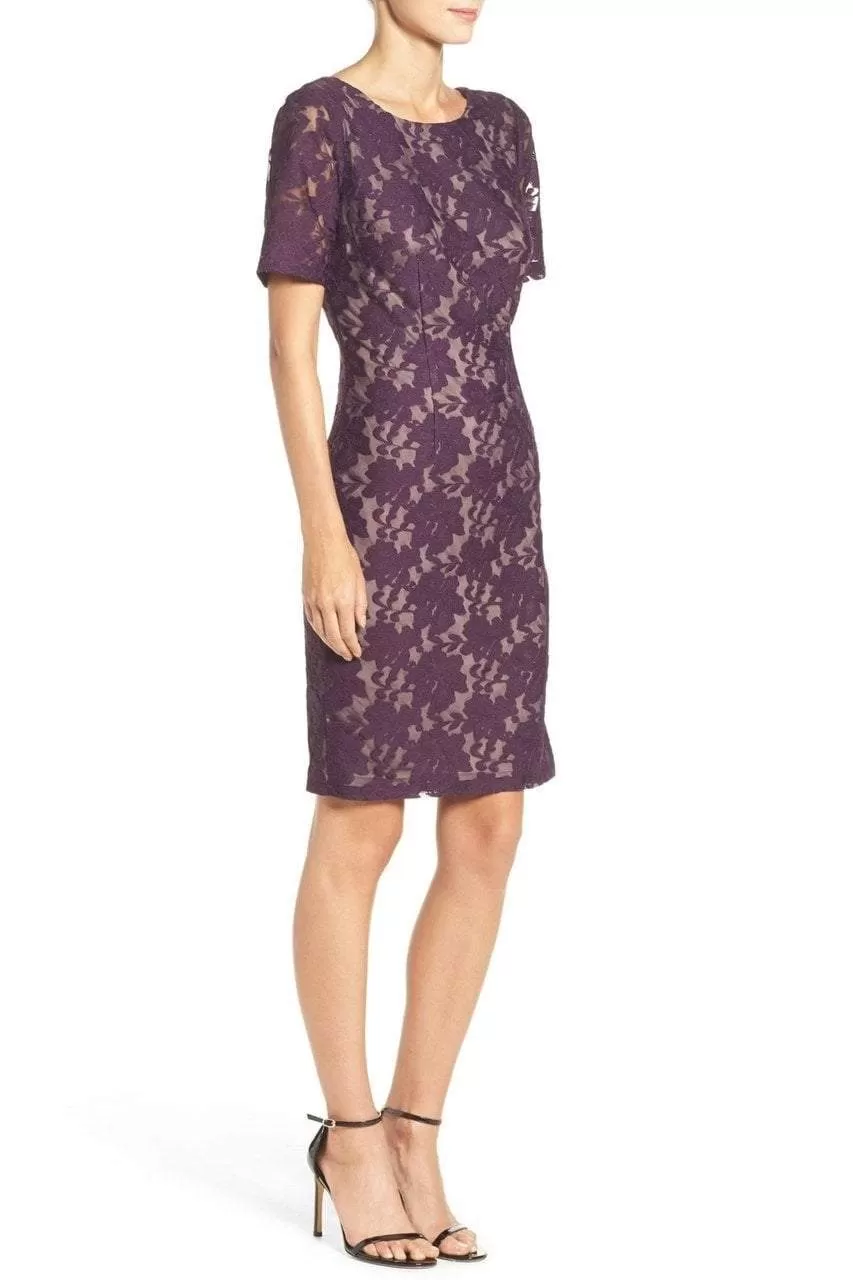 Adrianna Papell - Lace Bateau Sheath Dress AP1D100772 - 1 Pc Plum Wine in Size 8 Available