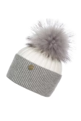 Adults Cream/Whisper Grey Angora Beanie Hat with matching Pom