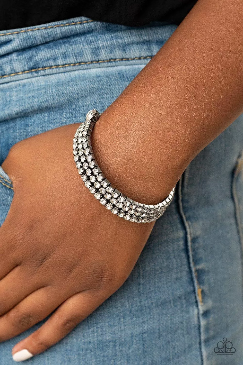 After Party Princess Gunmetal and White Rhinestone Infinity Wrap Bracelet - Paparazzi Accessories