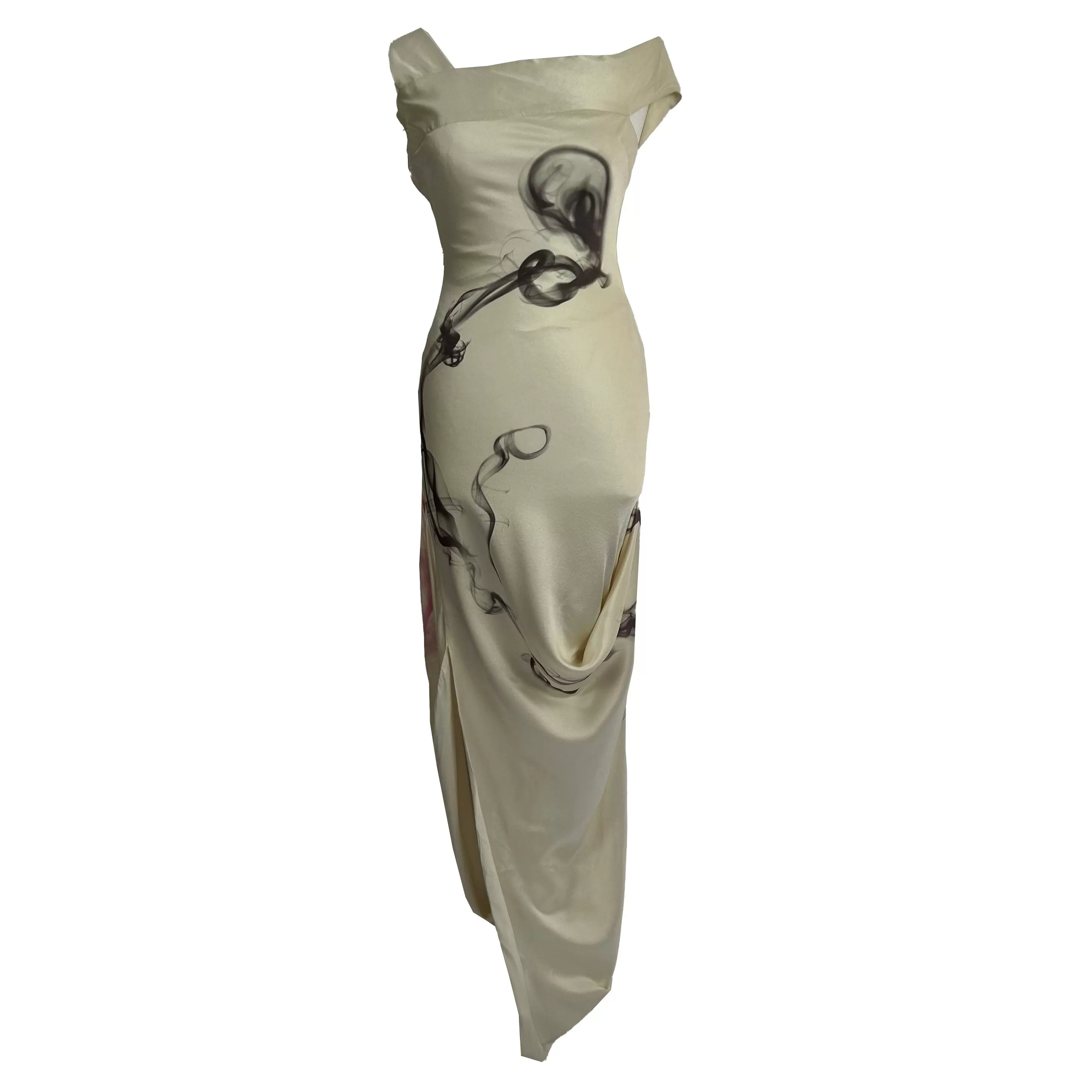 Alexander McQueen SS 2009 Smoke Print Oyster Silk Drape Gown XXS