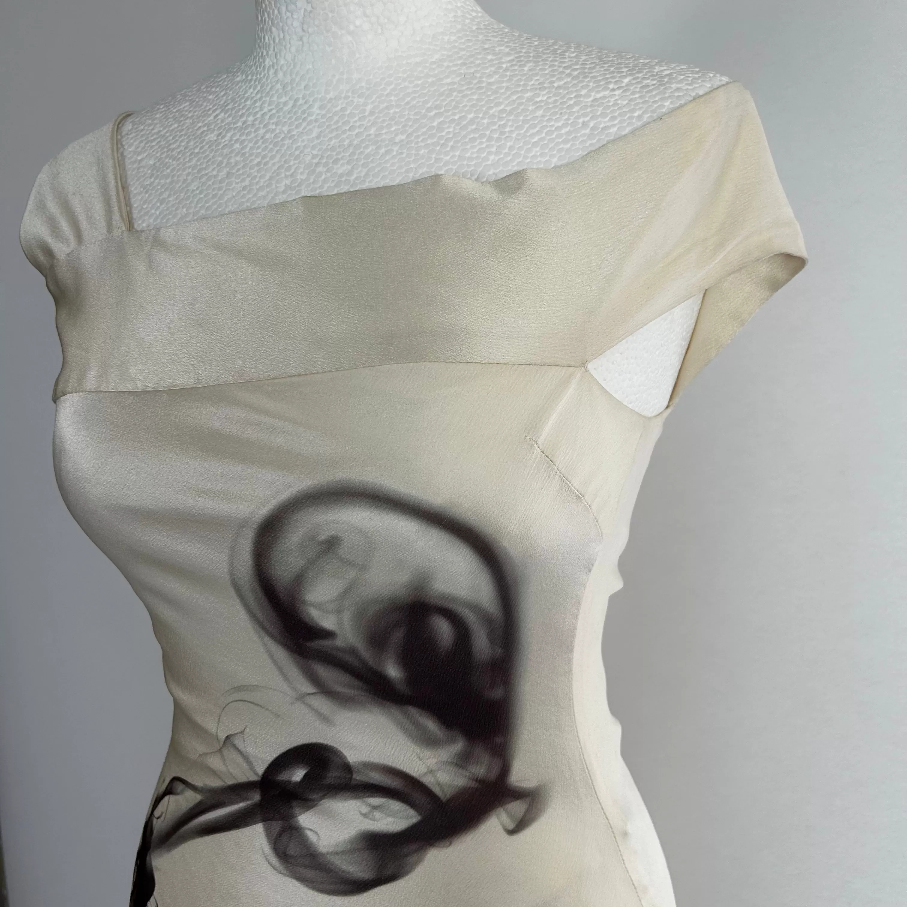 Alexander McQueen SS 2009 Smoke Print Oyster Silk Drape Gown XXS