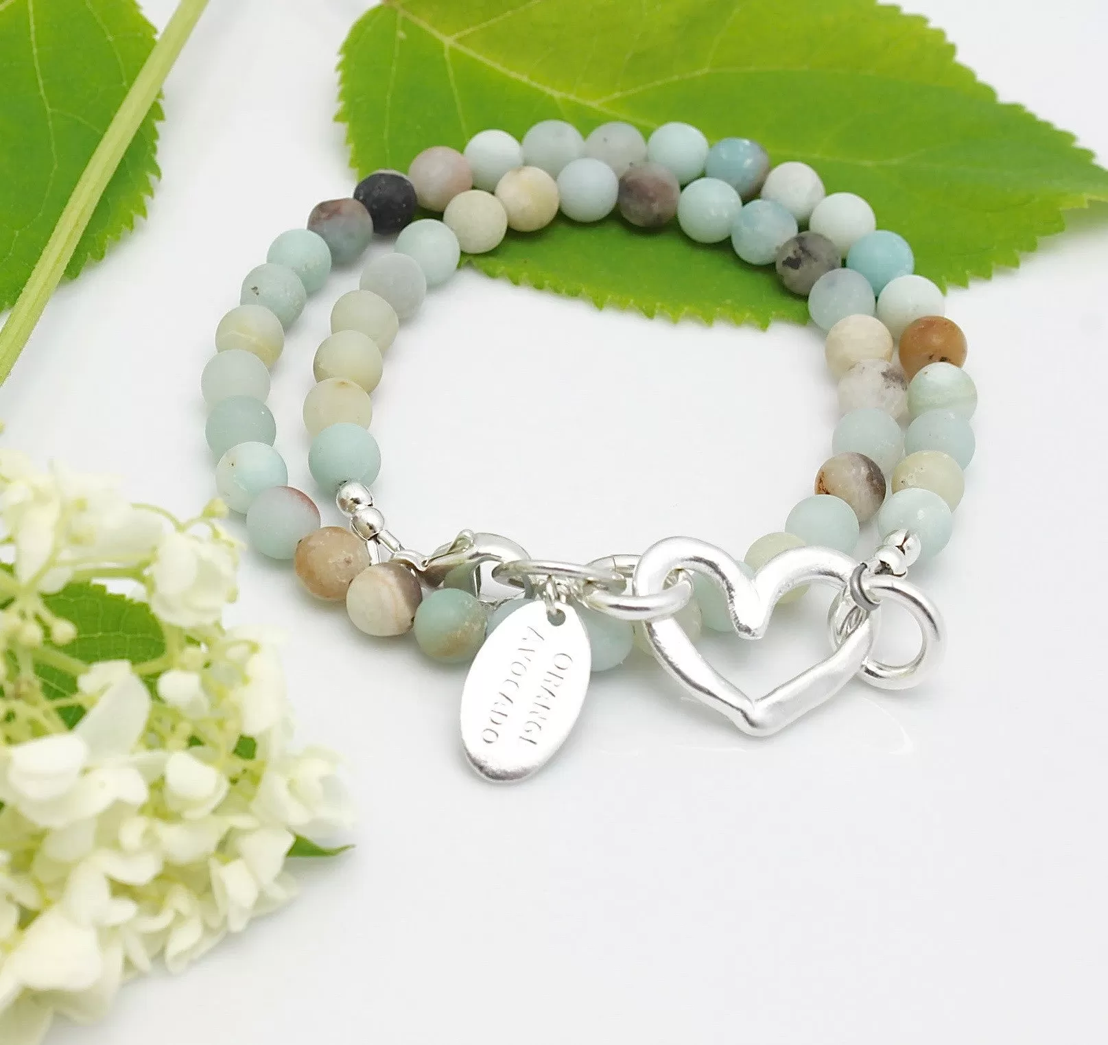 Amazonite Double Wrap Bracelet with Fine silver Heart