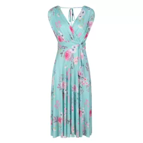 Aqua Mint Floral Print V Neck Crossover Top Empire Waist Swing Dress