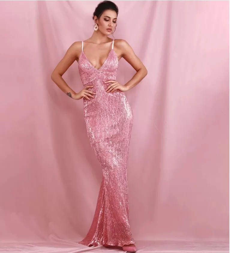 AshoreShop Sparkling Pink Long Elegant Mermaid Sleeveless Evening Gown