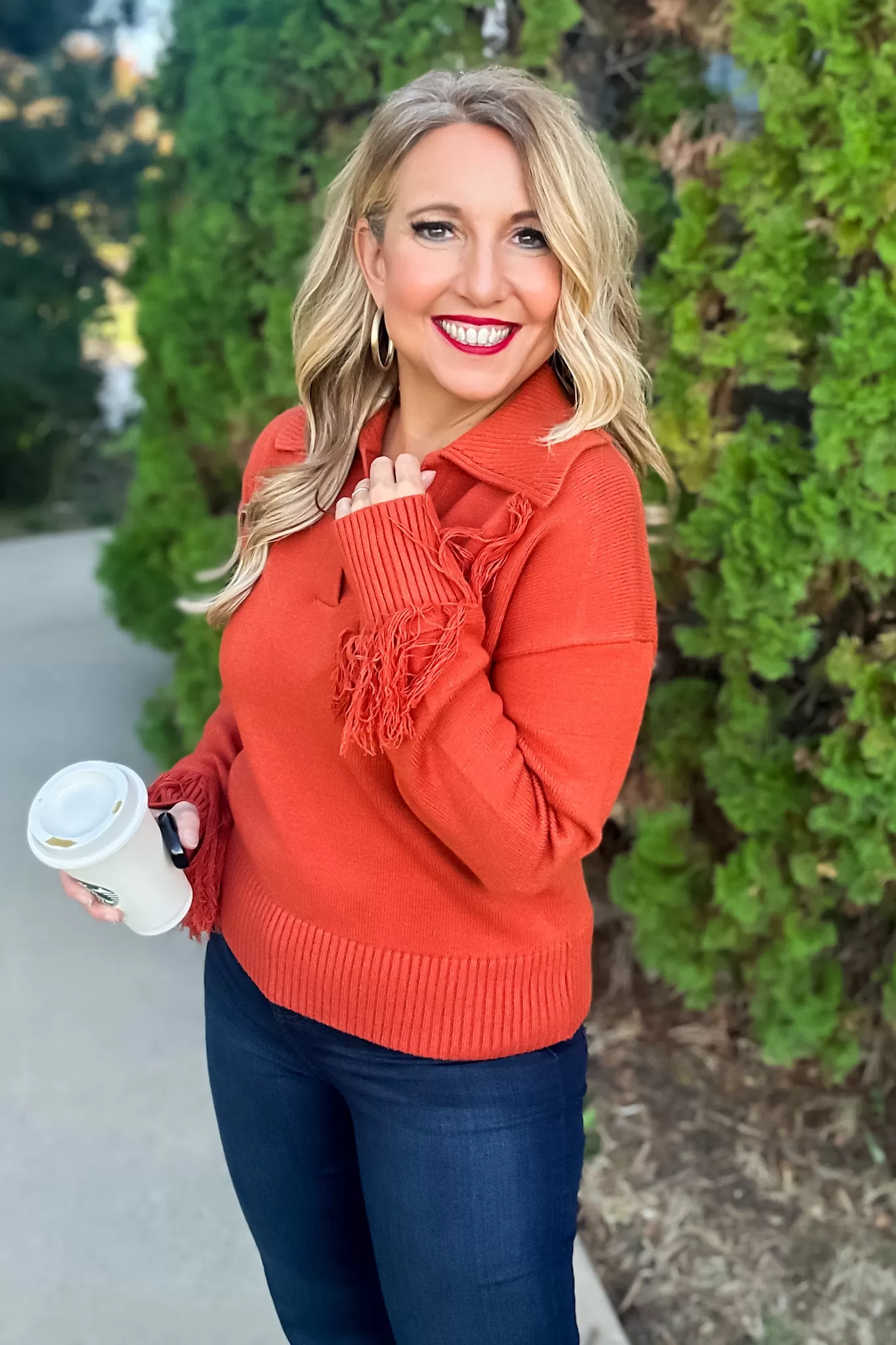 Autumn Nights Fringe Cuffed Sweater : Rust