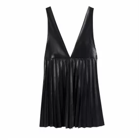 Autumn Stylish Lady Faux Leather Za Black Sleeveless Mini Dresses Women Fashion V-Neck High Waist Pleated Pu Straps Dress