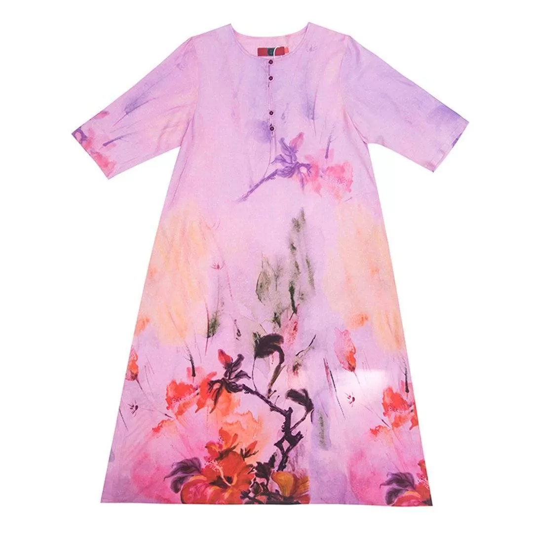 BABAKUD Chic Flower Printed Slit Loose Dress