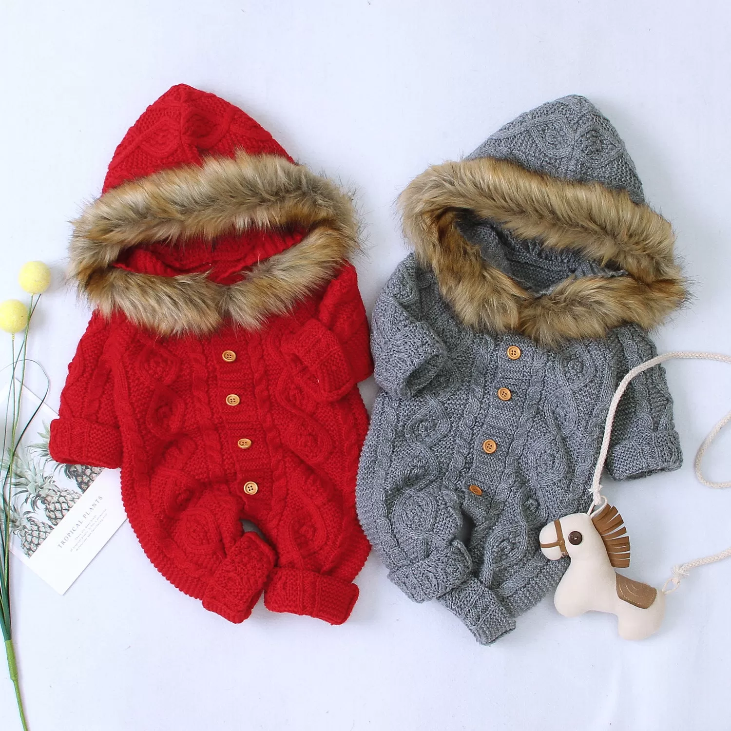 Baby Boys Girls Solid Color Hooded Fur Collar Knitted Bodysuit Crawl Suit