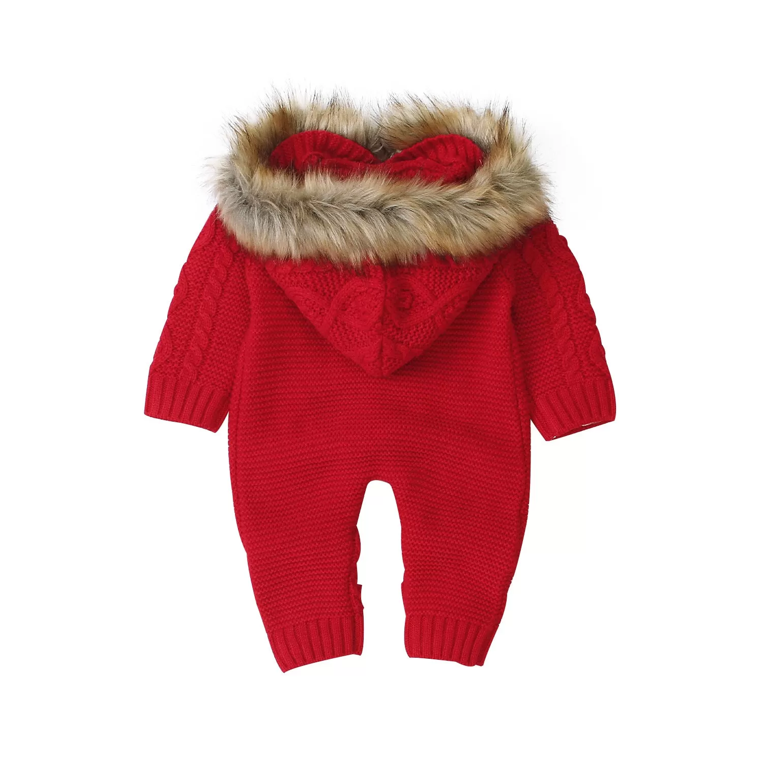 Baby Boys Girls Solid Color Hooded Fur Collar Knitted Bodysuit Crawl Suit