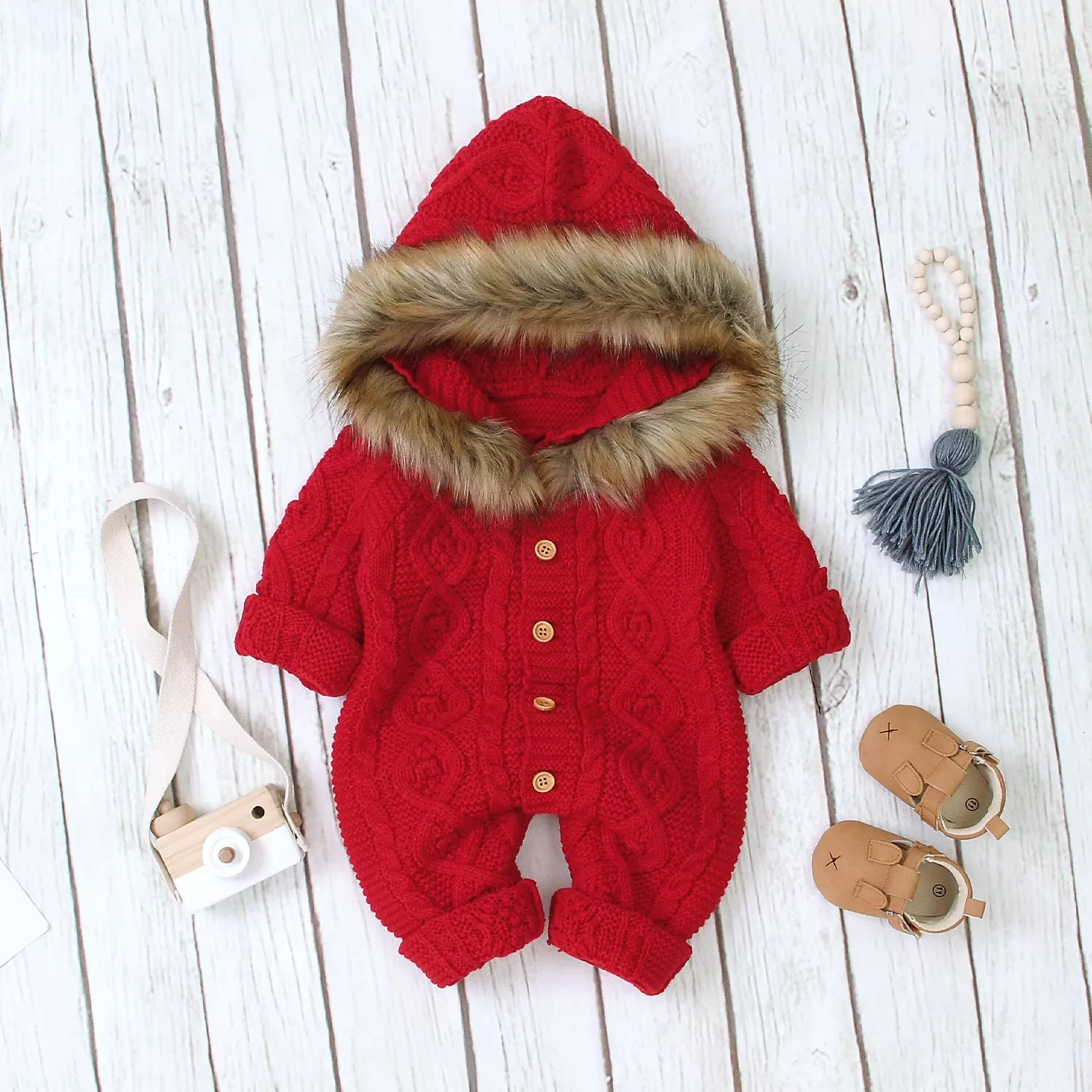 Baby Boys Girls Solid Color Hooded Fur Collar Knitted Bodysuit Crawl Suit