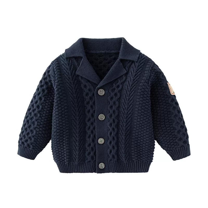 Baby Boys Solid Color Simple Patch Twist Knit Lapel Cardigan Jacket