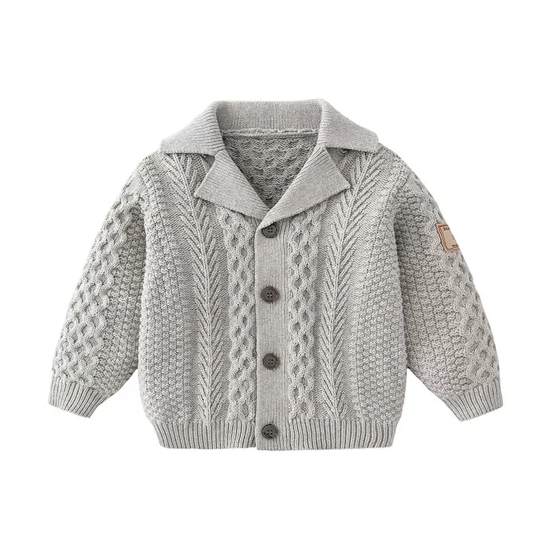 Baby Boys Solid Color Simple Patch Twist Knit Lapel Cardigan Jacket