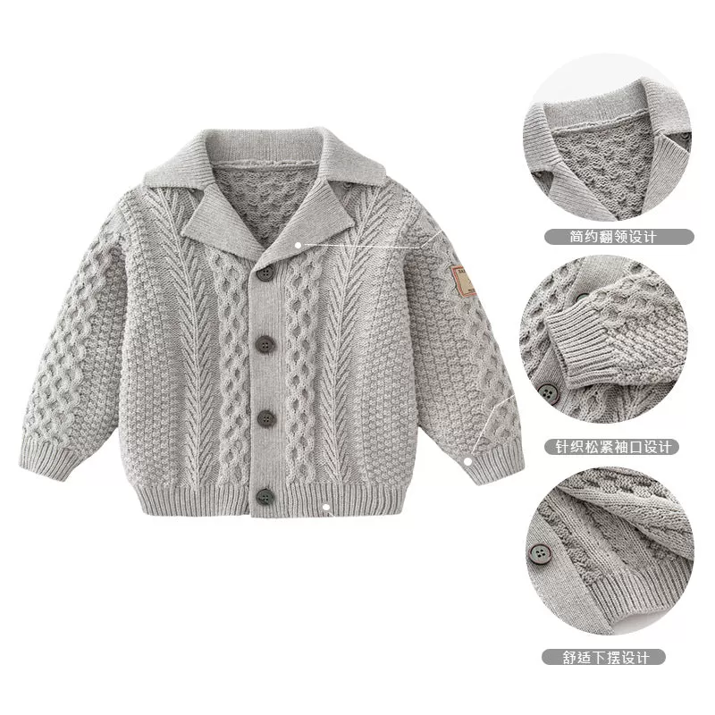 Baby Boys Solid Color Simple Patch Twist Knit Lapel Cardigan Jacket