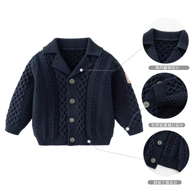 Baby Boys Solid Color Simple Patch Twist Knit Lapel Cardigan Jacket