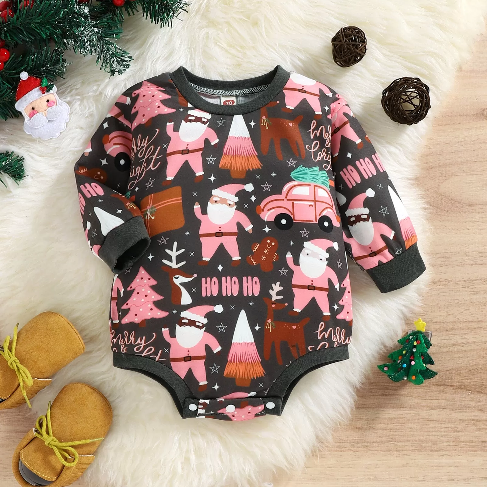 Baby Cartoon Santa Claus Letter Print Long-sleeved Jumpsuit