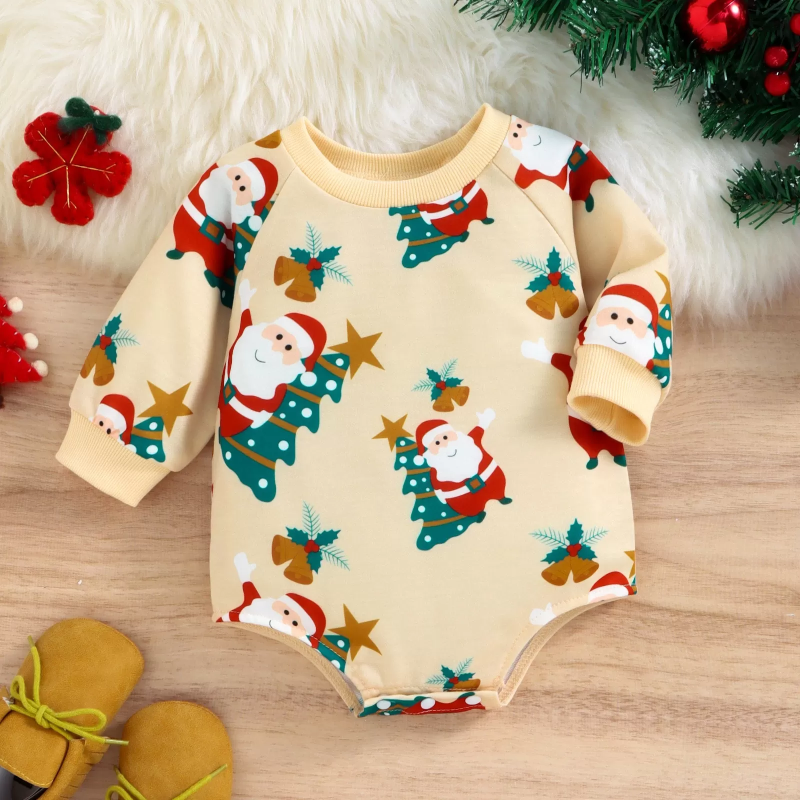 Baby Solid Color Cartoon Santa Claus Print Round Neck Jumpsuit