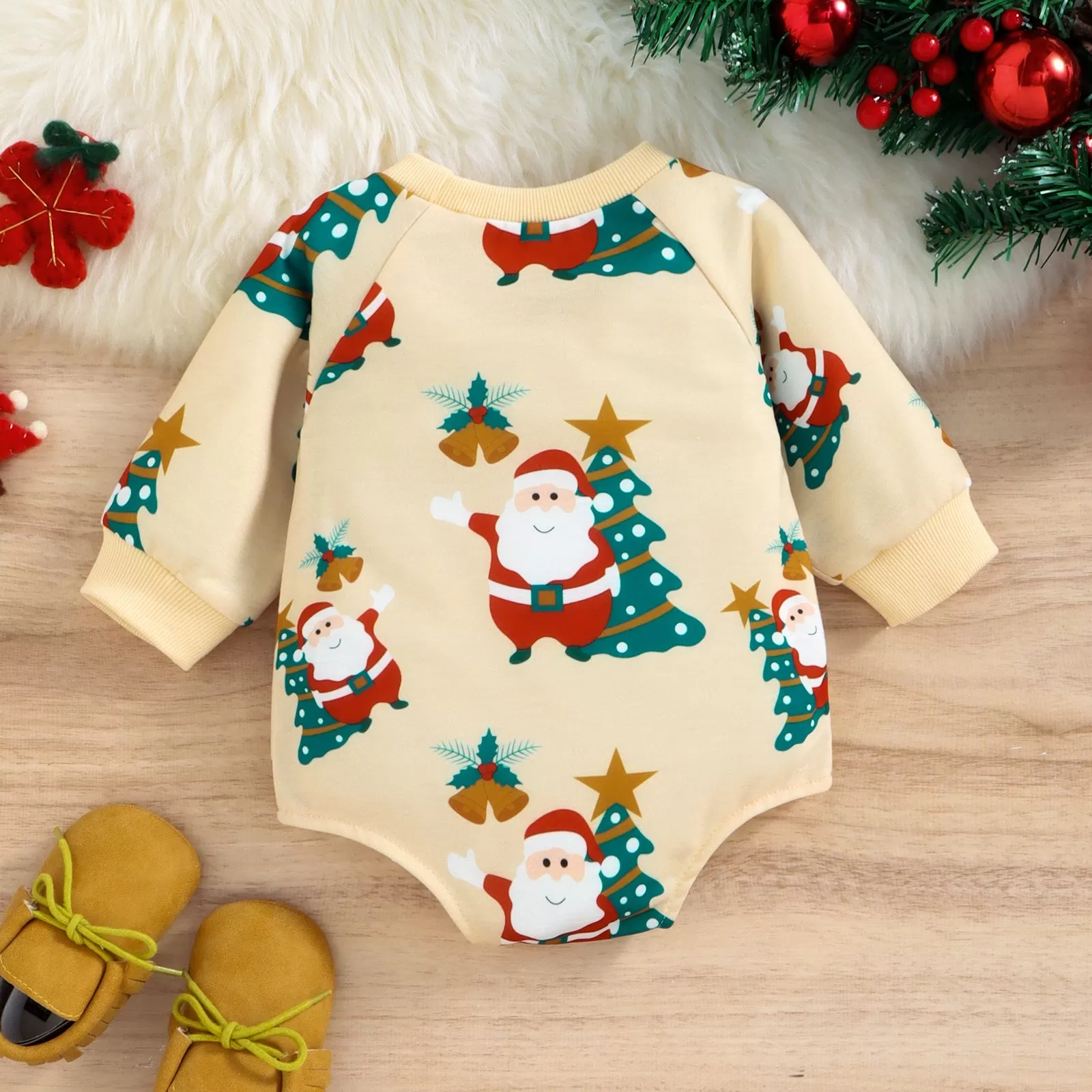 Baby Solid Color Cartoon Santa Claus Print Round Neck Jumpsuit