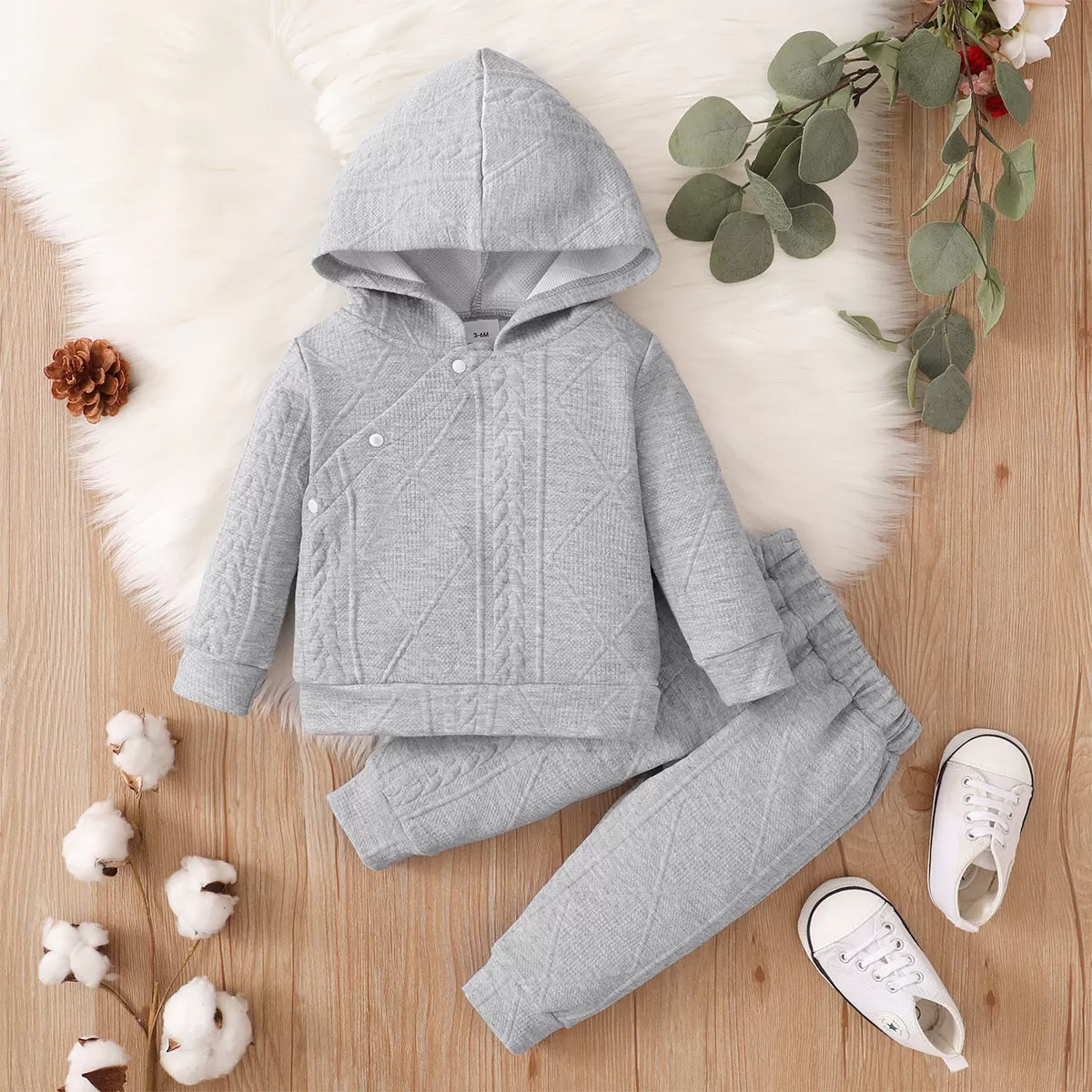 Baby Solid Color Slant Button Hooded Pants Pajamas Set