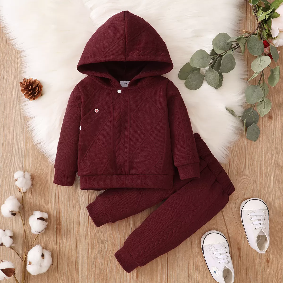 Baby Solid Color Slant Button Hooded Pants Pajamas Set