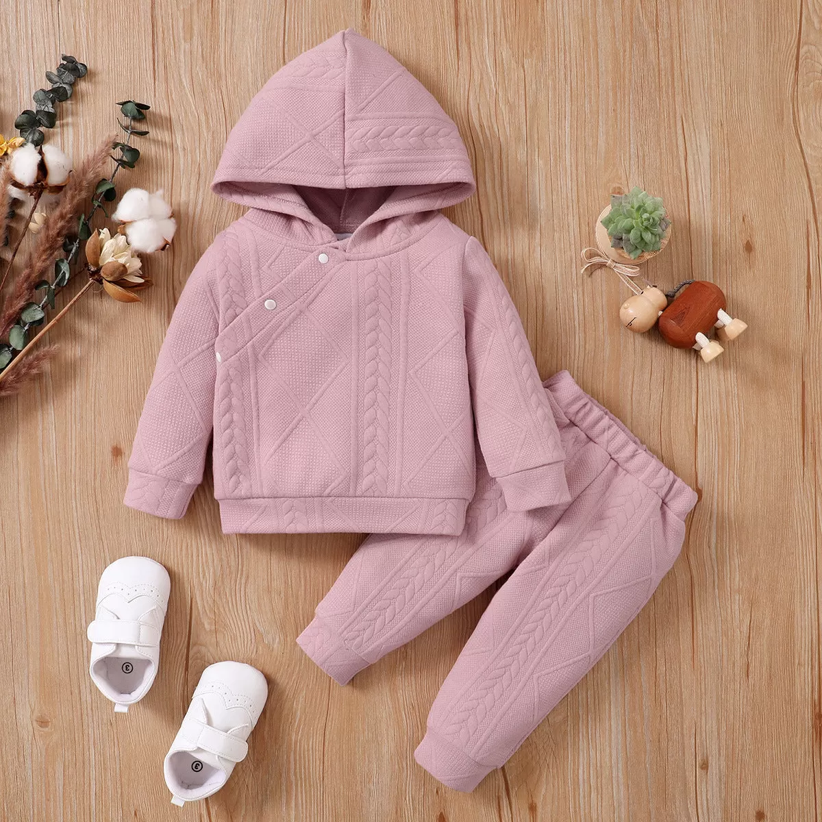 Baby Solid Color Slant Button Hooded Pants Pajamas Set