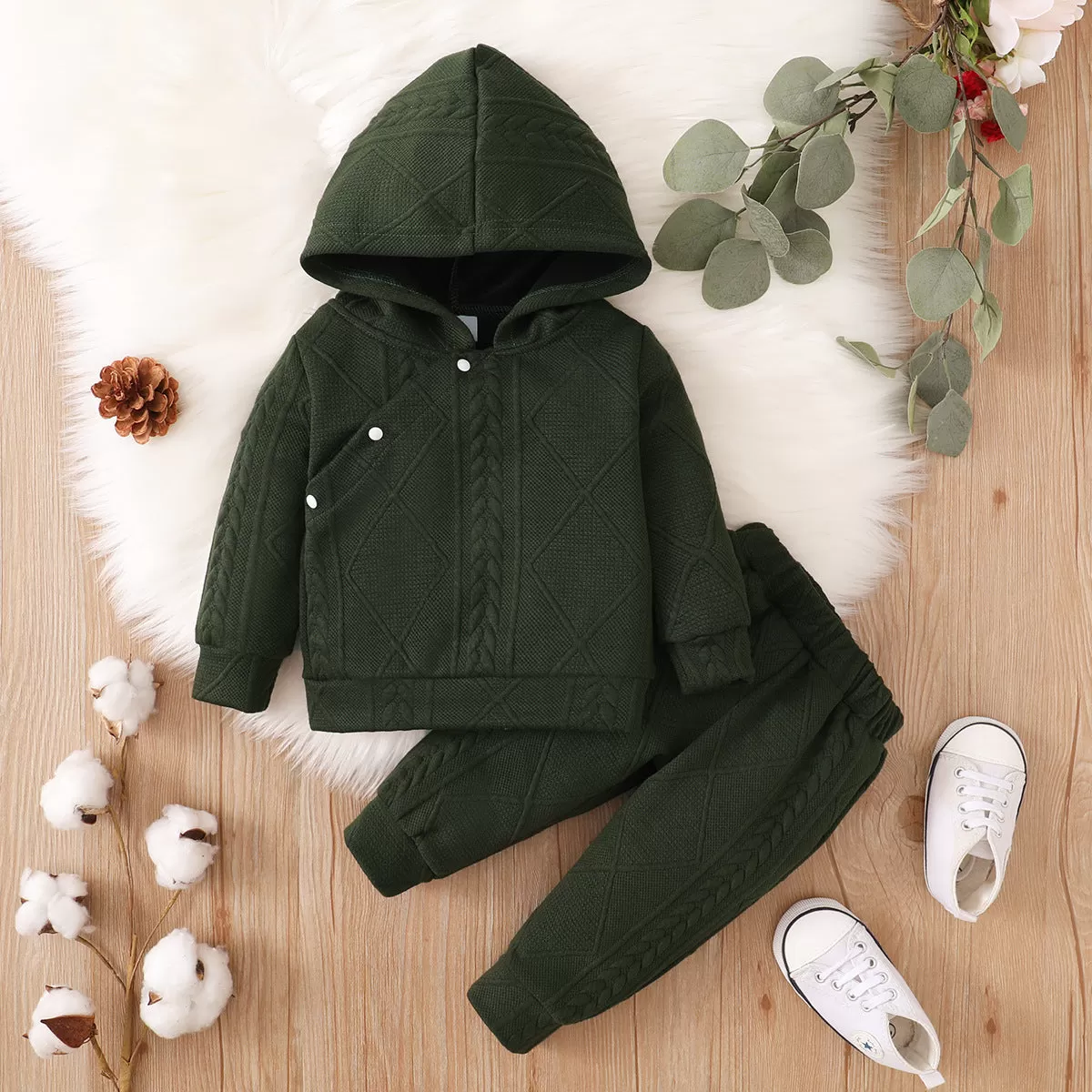 Baby Solid Color Slant Button Hooded Pants Pajamas Set