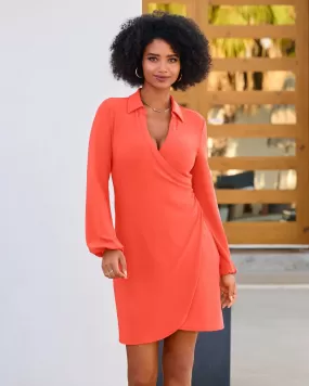 Beyond Travel Long-Sleeve Collared Wrap Dress Hot Coral