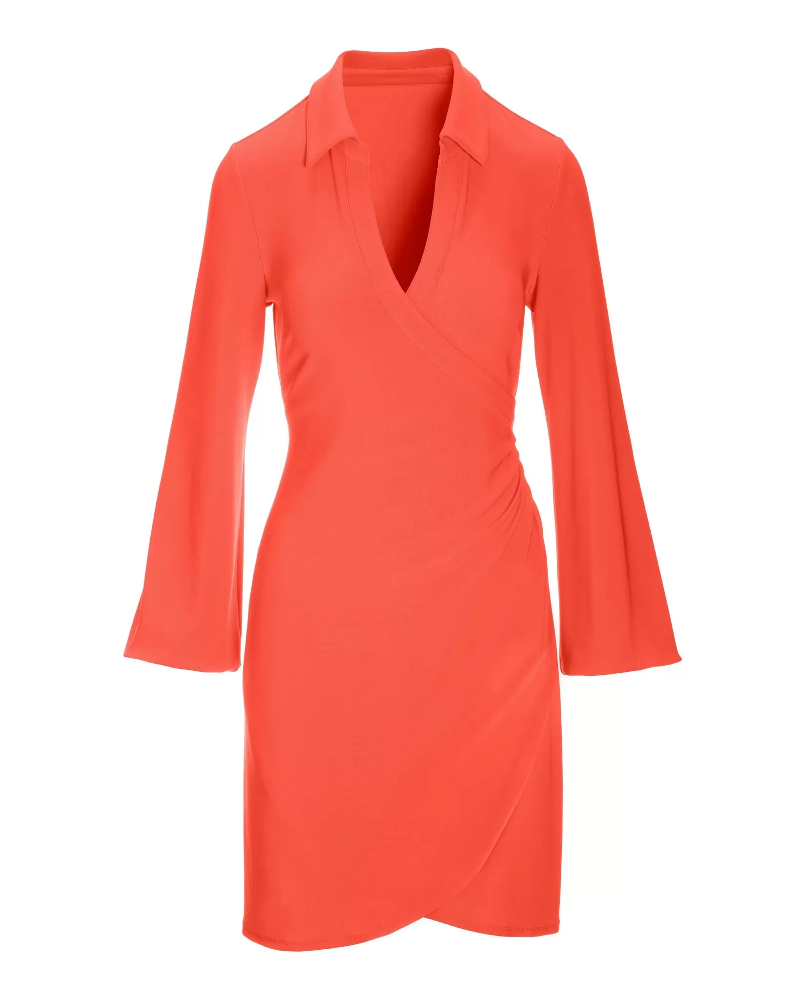 Beyond Travel Long-Sleeve Collared Wrap Dress Hot Coral