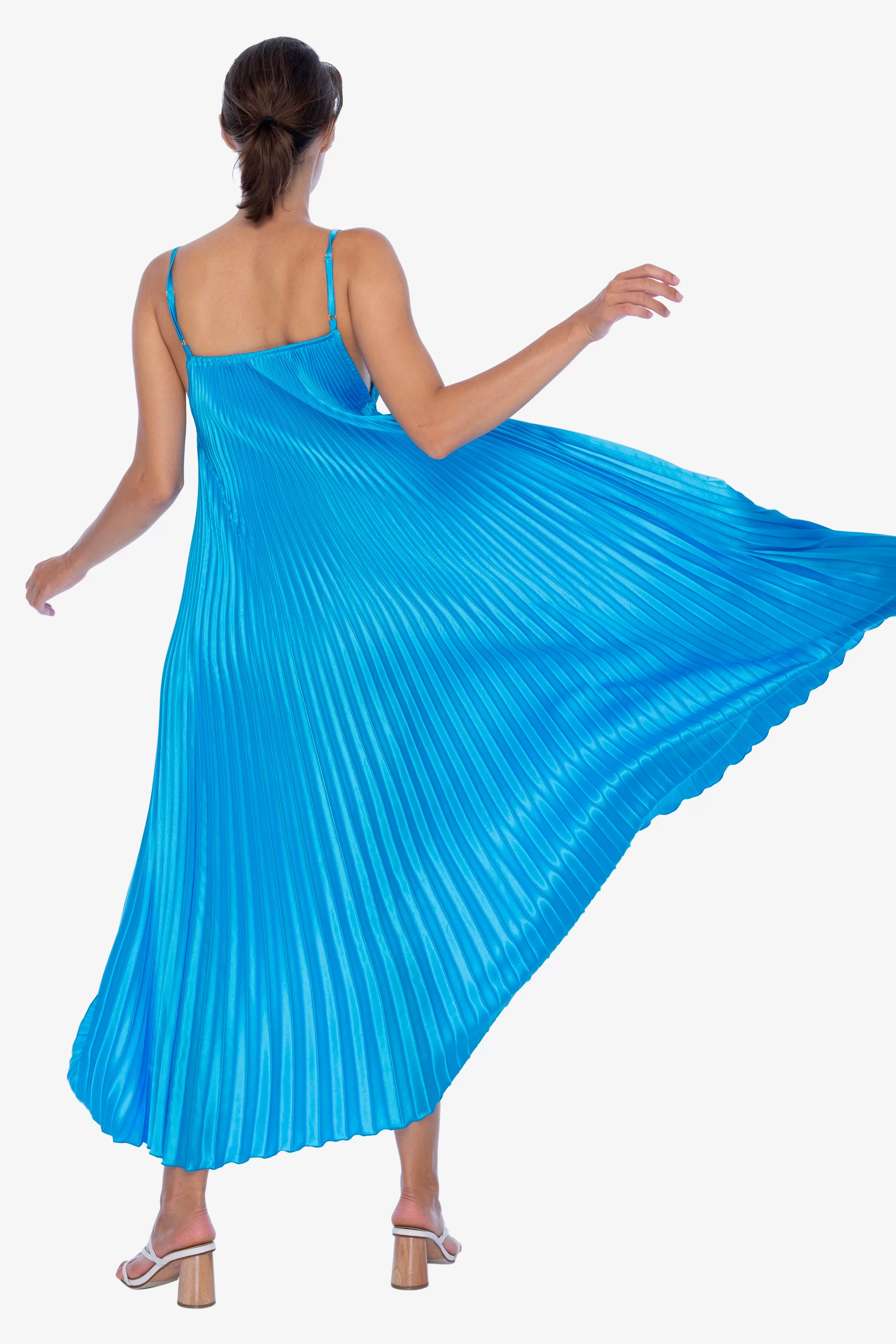 Bisous Strappy Blue Pleated Midi Dress