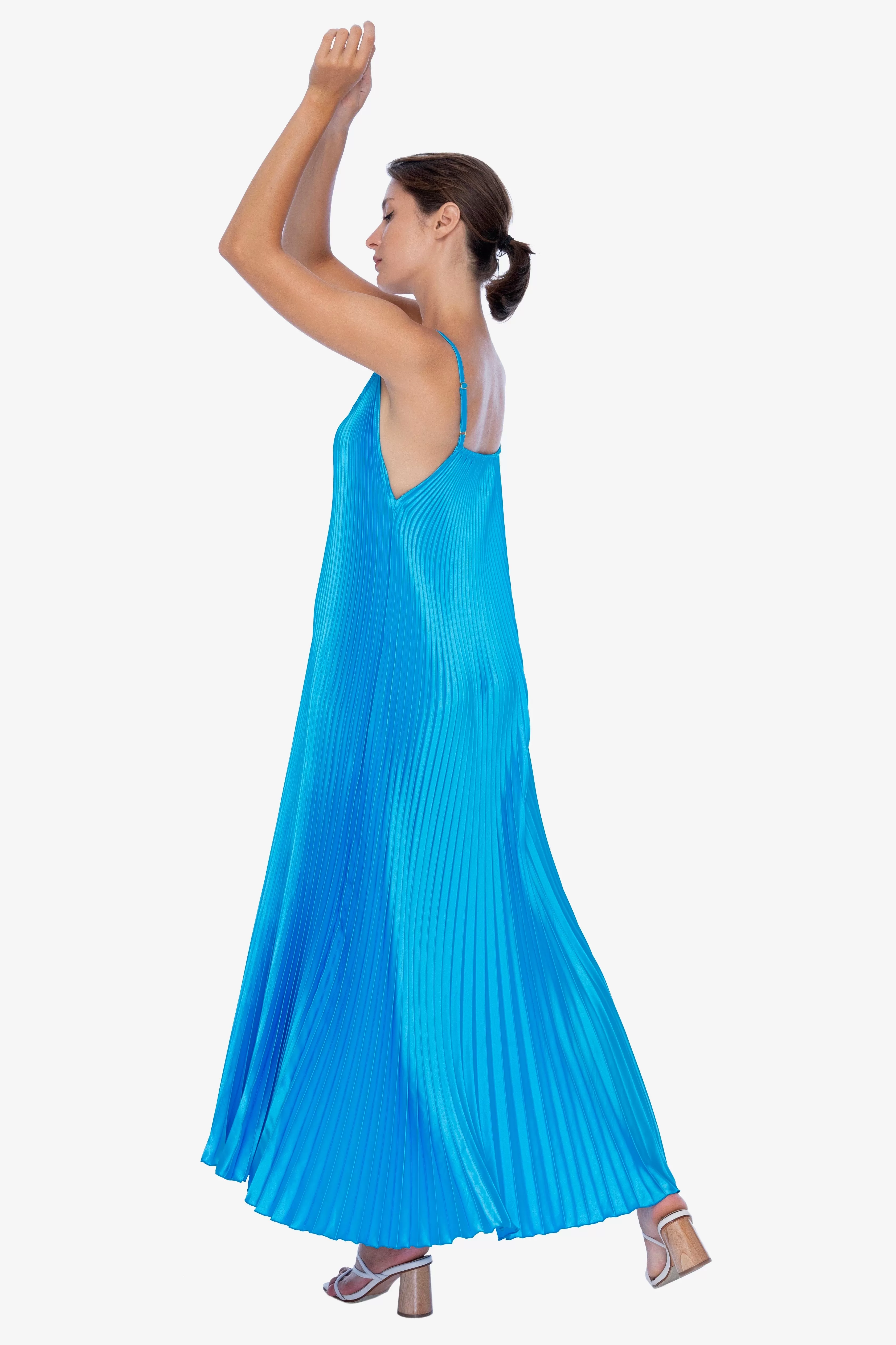 Bisous Strappy Blue Pleated Midi Dress